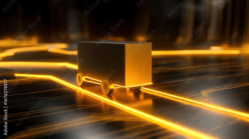 Poster futuristic delivery truck moves along glowing circuit path, symbolizing advanced technology and logi