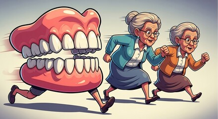 Two Elderly Women Running from a Giant Set of False Teeth in a Humorous Cartoon Style for Comedy Blogs, Health Awareness, Geriatric Care, and Dental Hygiene Articles  