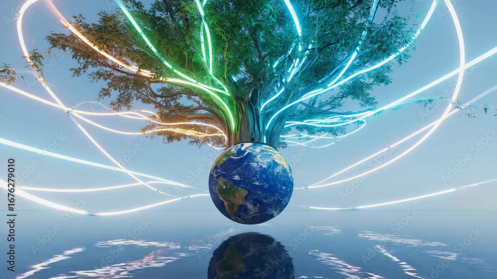 Aufkleber glowing neon branches of a large tree are reaching out over planet earth floating on water, reflecti