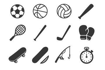 Icons of popular sports equipment including ball, racket, and skateboard