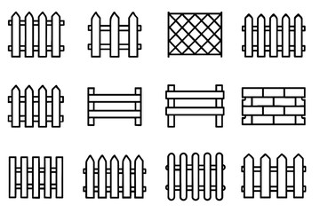 Black and white line art of various fence designs collection