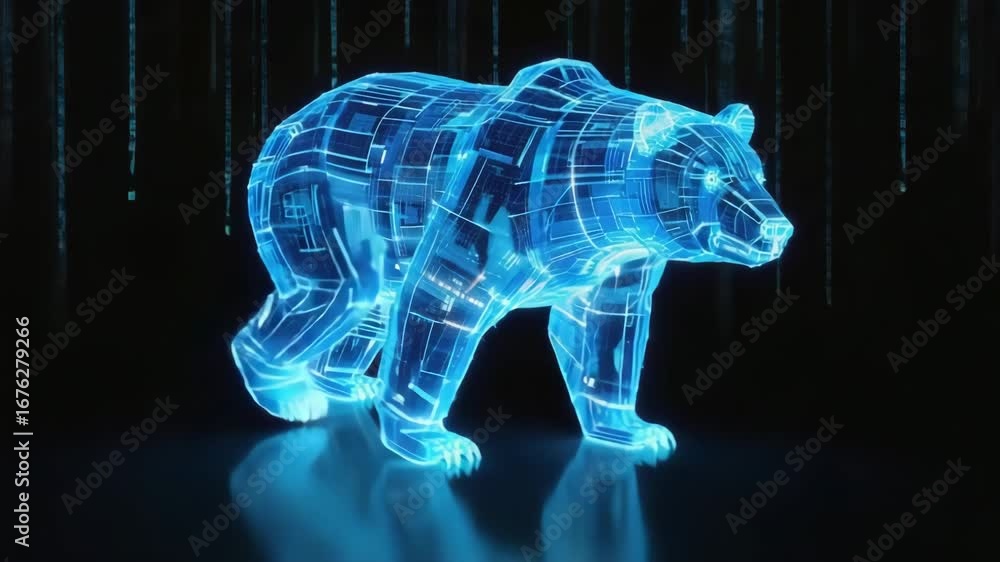 Poster digital bear is glowing blue representing bearish stock market trend, with falling lines of binary c