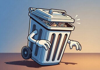 Cartoon Trash Can Character with Arms and Wheels on Minimalist Background for Environmental Awareness, Recycling Blogs, Sustainability Websites, and Educational Content  