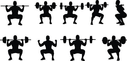 Black silhouette vector set of athletes performing barbell squats in varied depths and postures, strength training gym workout illustration