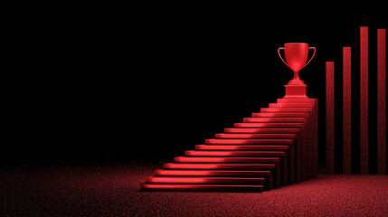 Striking red trophy sits atop staircase, symbolizing achievement and success. background is dark, enhancing vibrant color of trophy and steps, creating dramatic and motivational atmosphere