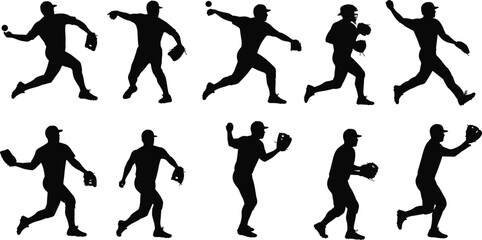 Black silhouette vector set of baseball players in dynamic action poses, throwing, catching, and pitching, sports game illustration