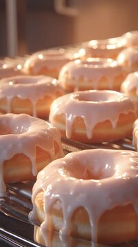 Freshly Fried Donuts Moving on Conveyor Belt with Glazing