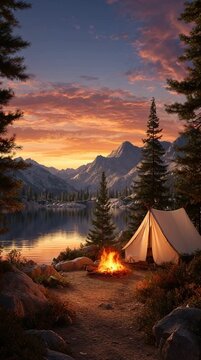 Cozy Camping Tent with Campfire by Mountain Lake at Sunset