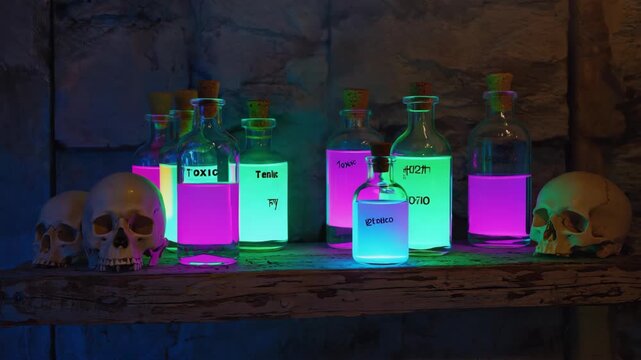 Glass bottles with glowing toxic liquid and handwritten labels stand on a wooden shelf in an alchemist's laboratory, with two skulls and smoke creating a mysterious and dangerous atmosphere