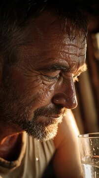 Close-Up of Elderly Man Drinking Water &ndash; Rustic Lifestyle Portrait