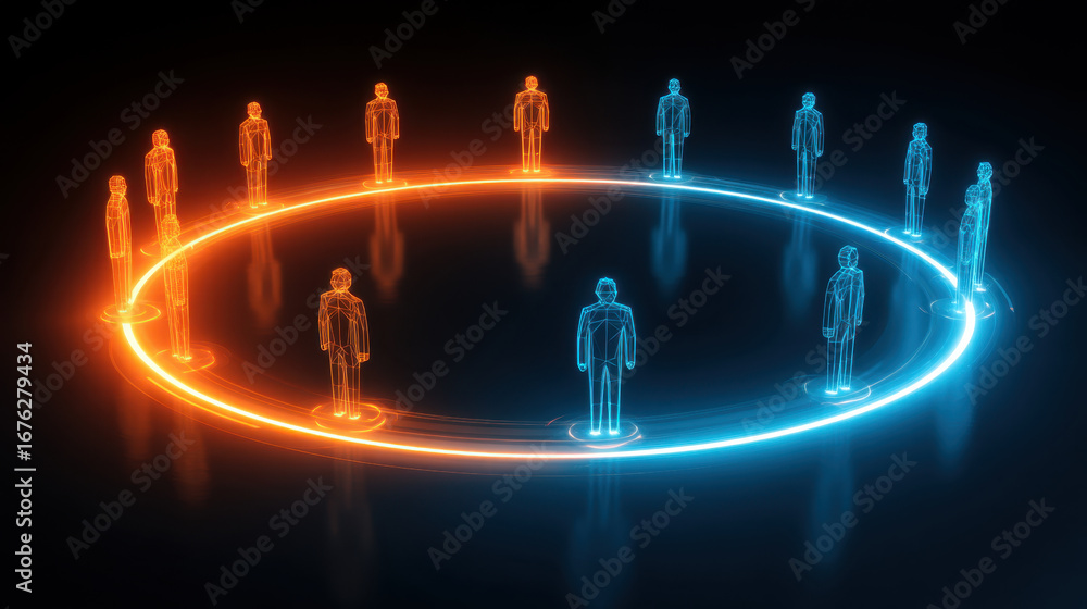 Poster digital representation of people in circular formation, illuminated by orange and blue lights, creat
