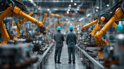 Two engineers Observe robotic Arms In large automated Factory During Daytime