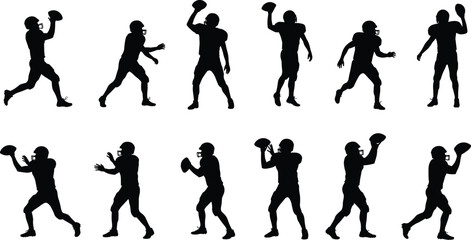 Collection of American football quarterback silhouettes in passing poses, dynamic sport action, athletic performance, competition and training concept on white background