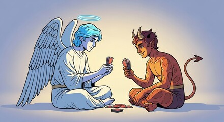 Angel and Devil Playing Cards Together with Playful Expressions for Concepts of Good vs. Evil, Artistic Illustrations, Creative Content, and Storytelling Themes  
