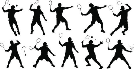 Collection of badminton player silhouettes in various action poses, hitting shuttlecock, sport, competition, agility, fitness and active lifestyle concept on white background