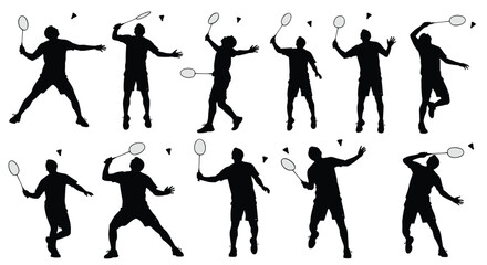 Collection of badminton player silhouettes in dynamic action poses, hitting shuttlecock, sport, fitness, competition and active lifestyle concept on white background