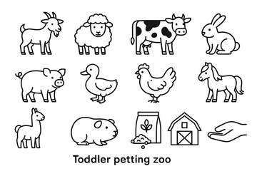 Cartoon farm animals and objects for toddlers: goat, sheep, cow, rabbit, pig, duck, chicken, horse, llama, guinea pig, barn