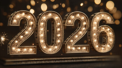 2026 illuminated with bright lights symbolizes celebration and anticipation for New Year. sparkling background enhances festive atmosphere, creating joyful and hopeful mood