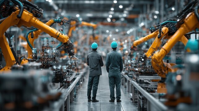 Two engineers Observe robotic Arms In large automated Factory During Daytime