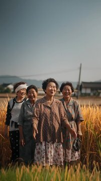Group of Cheerful Korean Villagers Posing in Field Together