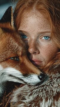 Editorial Portrait of Redhead Girl with Blue Eyes Holding Fox