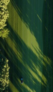 Drone View of Lawn Mower Casting Long Shadows on Green Grass