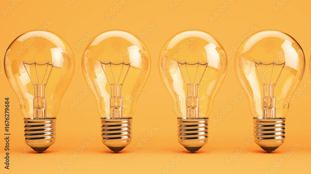 Poster creative new idea.. one blowing light bulbs in a row of others . 3d animation
