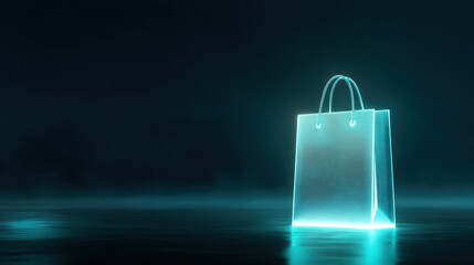 Glowing shopping bag stands alone dark, misty environment, creating sense of mystery and intrigue. ethereal light emanating from bag highlights its transparent design, making it captivating focal