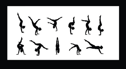 Collection of gymnastics and acrobatics silhouettes, dynamic flips, handstands, splits, athletic movement, sport, fitness and balance concept on white background