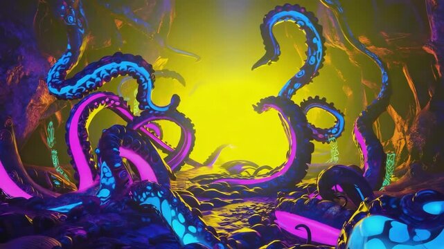 Glowing octopus tentacles in vibrant neon colors rising from a dark cave create a mesmerizing, otherworldly scene with a mysterious entity lurking in the background