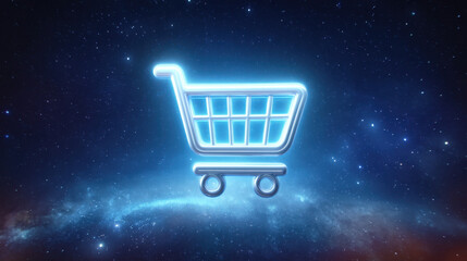 Glowing shopping cart icon set against cosmic background, symbolizing online shopping and e commerce. vibrant colors and starry backdrop create futuristic and engaging atmosphere