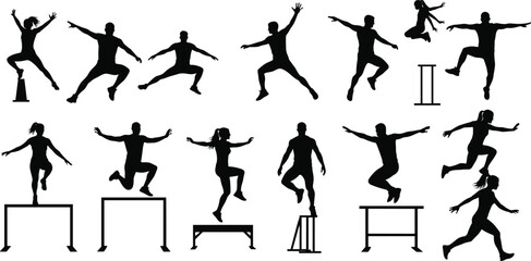 Collection of hurdle jump and athletic leap silhouettes, dynamic sport action, fitness, competition, agility and track‑and‑field concept on white background