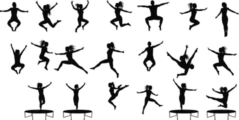 Collection of jumping and trampoline silhouettes in dynamic poses, athletic performance, sport, fitness, acrobatics and active lifestyle concept on white background