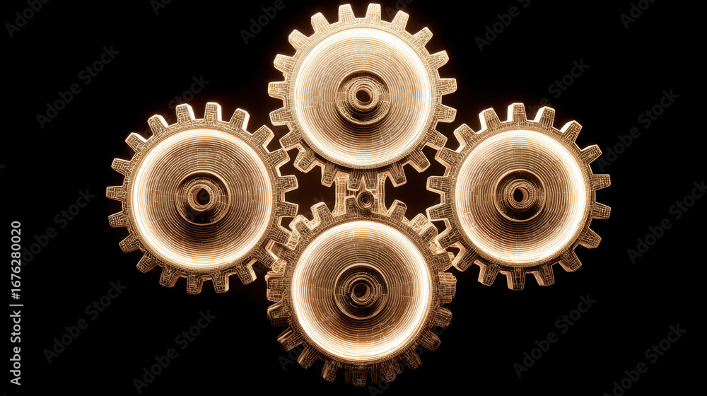 Poster Gears are interconnected, creating dynamic and mechanical design that symbolizes teamwork and efficiency. glowing effect adds modern touch to industrial theme