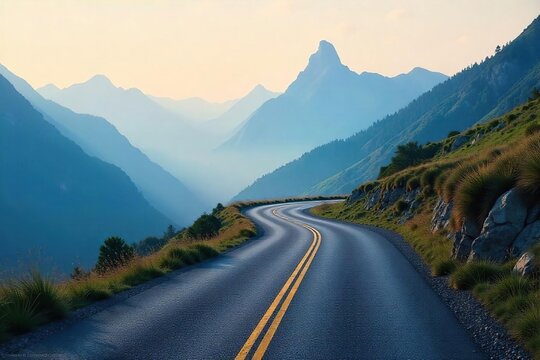 A winding road disappearing into a misty mountain range, symbolizing the unknown potential and adventure of a new journey , challenge, range