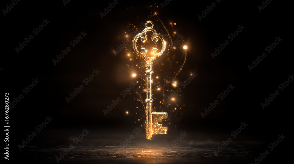 Poster golden key with intricate designs floats in dark space, surrounded by shimmering particles of light,