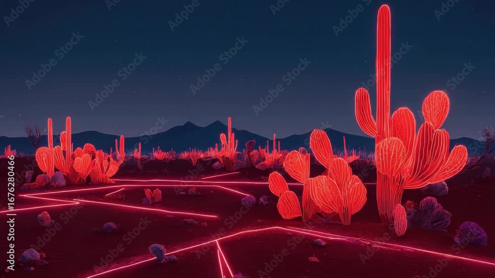 Poster red neon lights are creating a path across a desert landscape populated by glowing cacti under a sta