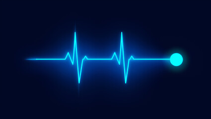 Glowing blue electrocardiogram waveform on dark background neon