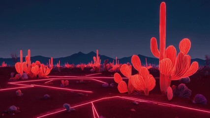 Red neon lights are creating a path across a desert landscape populated by glowing cacti under a starry night sky, in a futuristic and surreal atmosphere - Powered by Adobe
