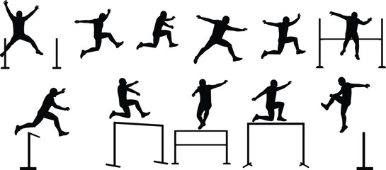 Sequence of hurdle jump silhouettes showing approach, takeoff, clearance and landing stages, athletic performance, sport, fitness, agility and competition concept on white background