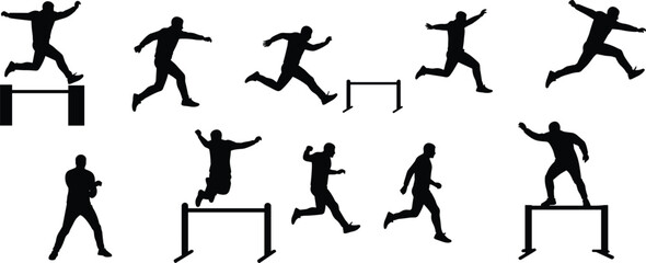 Sequence of hurdle jump silhouettes showing running, jumping and landing stages, athletic performance, sport, fitness, agility and competition concept on white background
