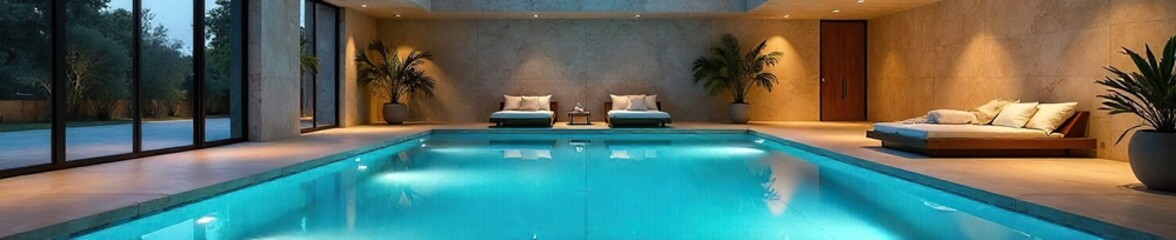 Luxury indoor swimming pool built within a spacious, modern garage  Enjoy year-round swimming in ultimate privacy and comfort  Sleek design, high-end finishes ,  concrete,  lighting