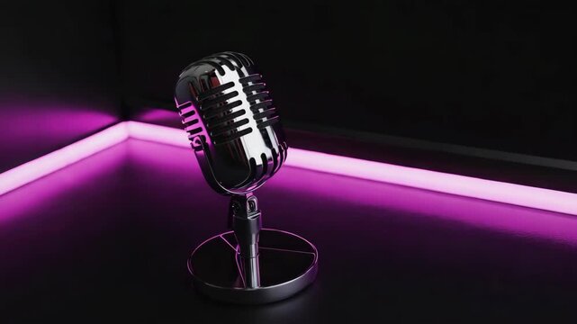 Chrome vintage microphone standing on a small round metal base, illuminated by purple neon lights on a dark stage, creating a dramatic atmosphere for performances