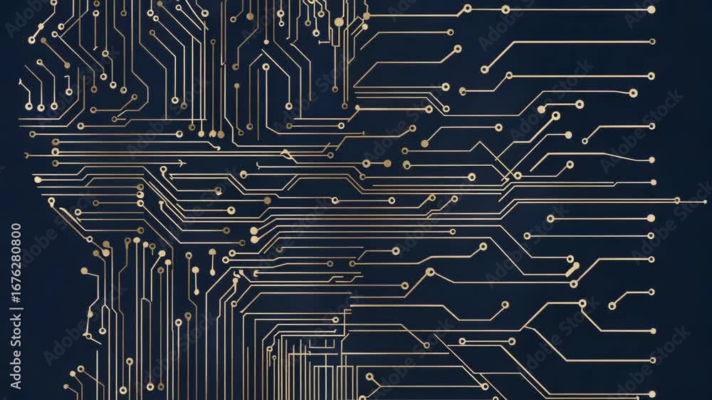 Poster electronic circuits creating a human head profile symbolizing artificial intelligence processing dat