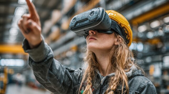 Woman wearing virtual reality headset working with computer screens in an industrial factory, futuristic technology