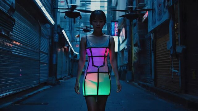 Young asian woman walking in a dark city alley at night, wearing a futuristic illuminated dress while delivery drones fly overhead, blending fashion and technology