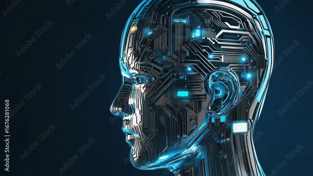 Poster complex circuitry and glowing components illuminate the profile of a futuristic humanoid robot head,