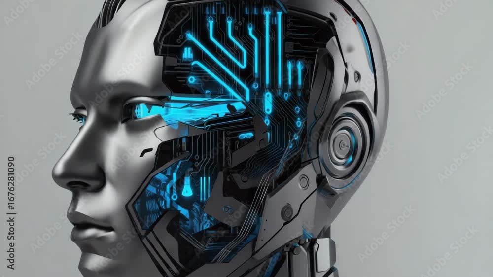 Poster advanced humanoid robot with exposed internal components, revealing intricate circuitry and glowing 