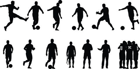 Soccer player silhouettes in action and support roles, dribbling, kicking, teamwork, injury, vector illustration, black silhouettes, diverse football activities