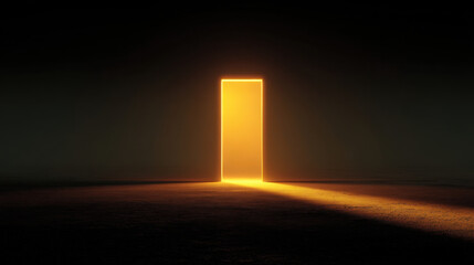 Glowing door stands open in dark space, casting warm light that creates sense of mystery and possibility. contrast between light and shadow evokes feelings of hope and exploration